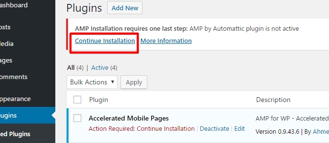 Continue Installing AMP plugin by Automattic