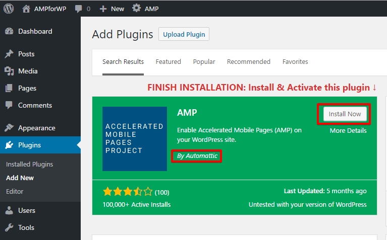 Install AMP by Automattic